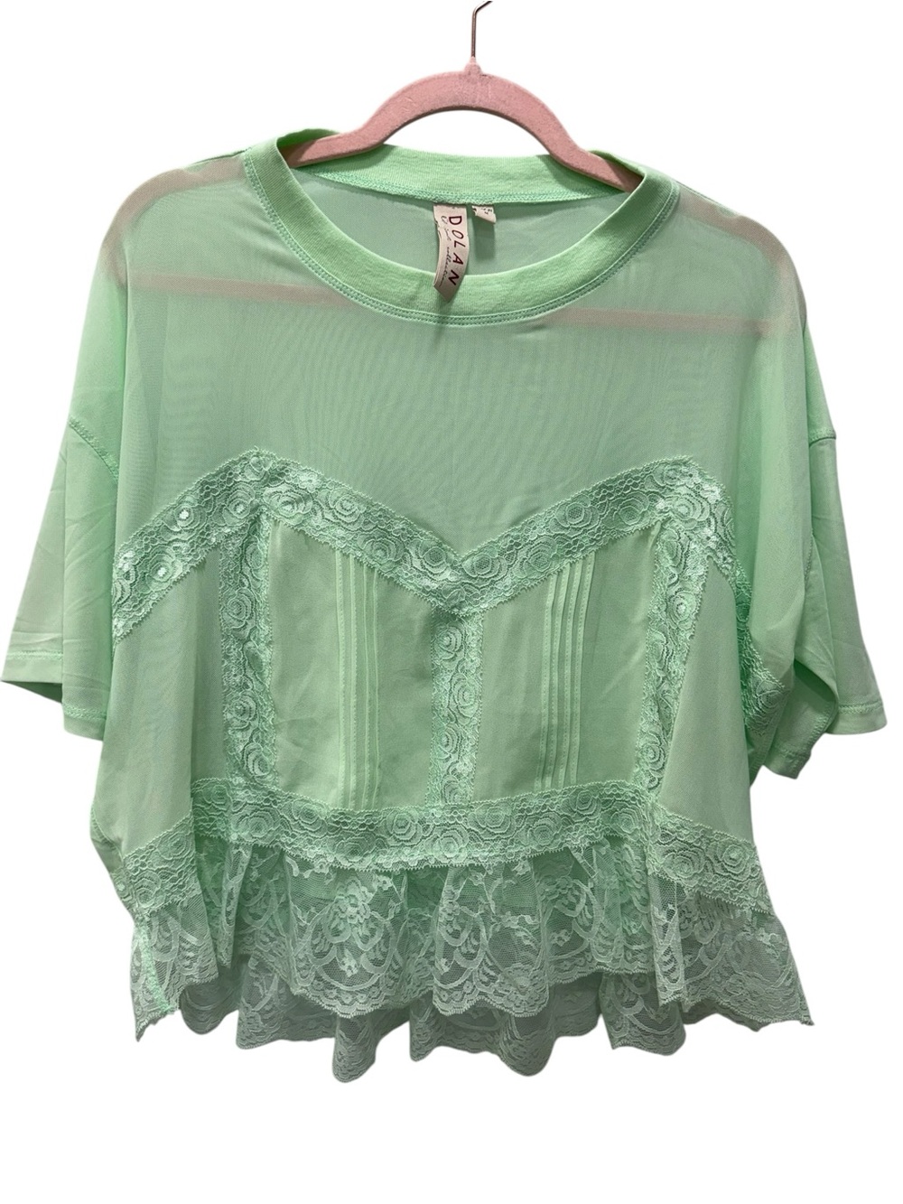 Dolan Light Green Lace-Trim Sheer Women's Top. Size Medium - Picture 2 of 7